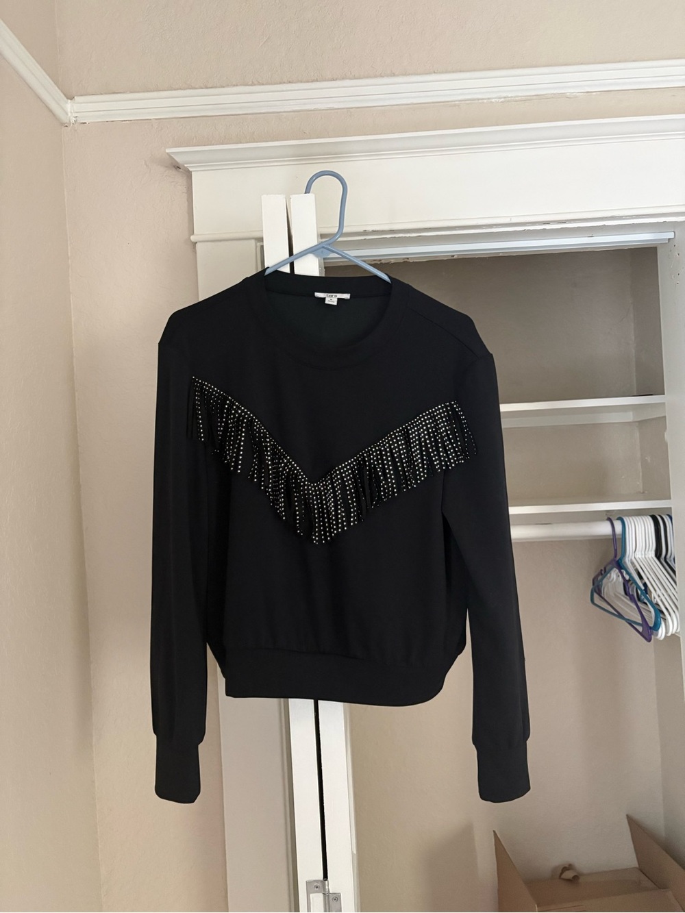 Bar III Black Fringe-Studded Crew Sweatshirt